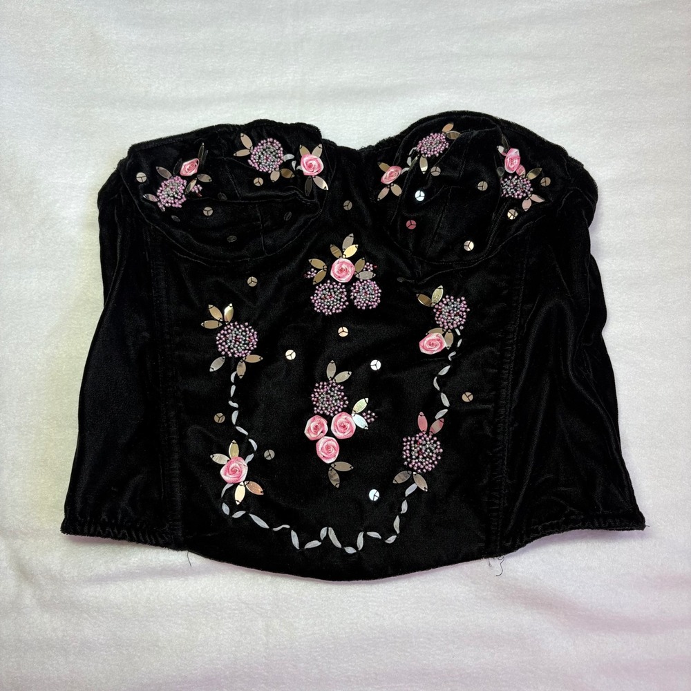 Vintage Fredericks of Hollywood Velvet Corset Tube Top Floral Beaded Black 36